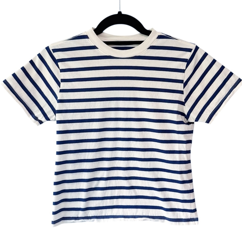 X Karla The Striped Crew Cropped Short Sleeve Cotton Tee Navy White Size Small